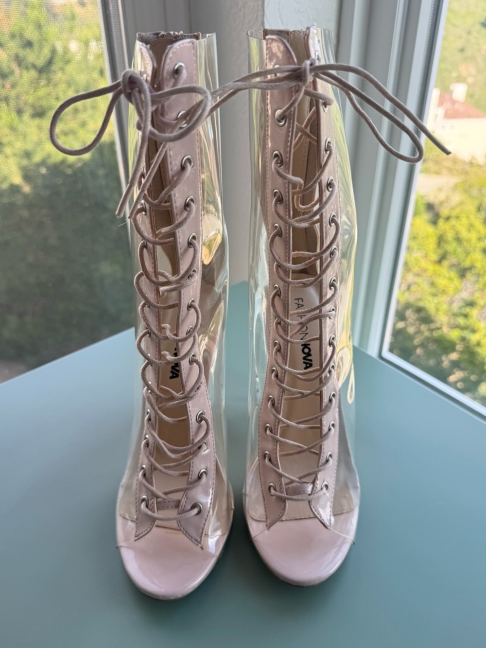 Nude Lace-Up Clear Peep-Toe Booties